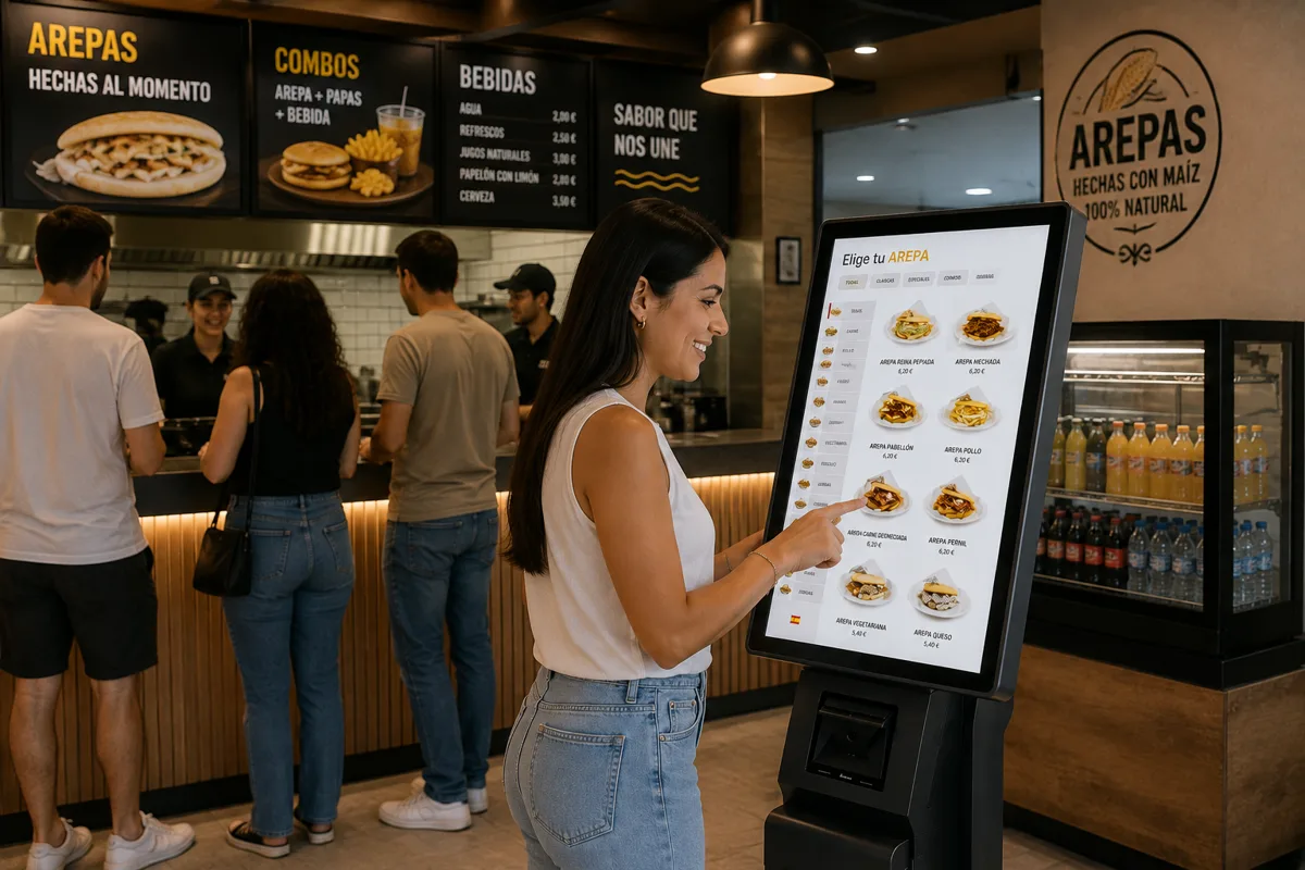 Clienta usando un kiosco de autoservicio táctil para pedir en un local de hostelería