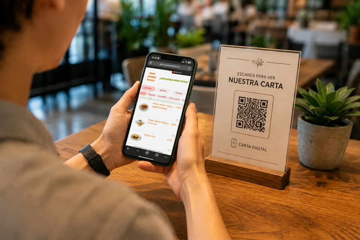 Persona escaneando con el móvil un QR de mesa para abrir la carta digital del restaurante