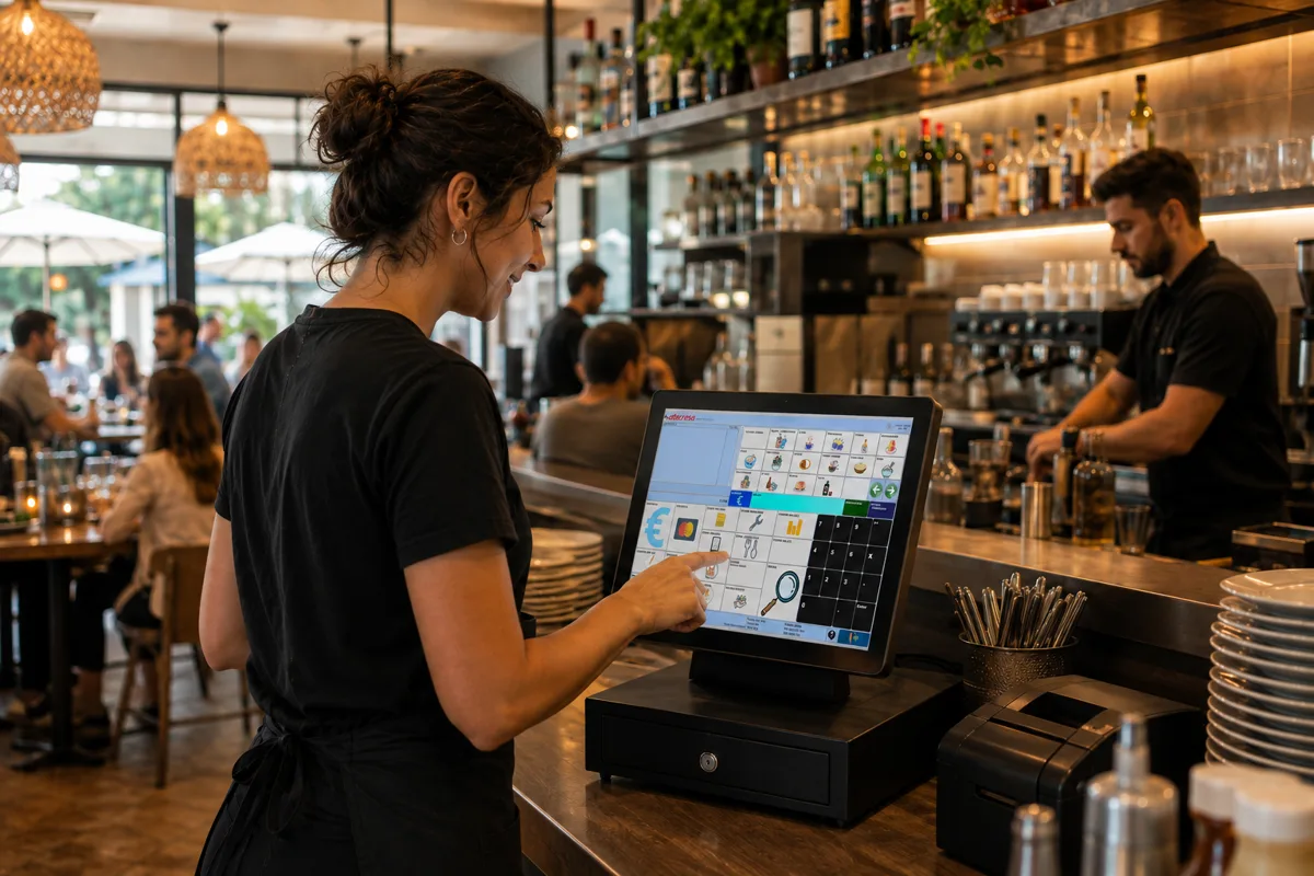 Camarera usando un TPV táctil en la barra de un bar mientras el equipo prepara pedidos