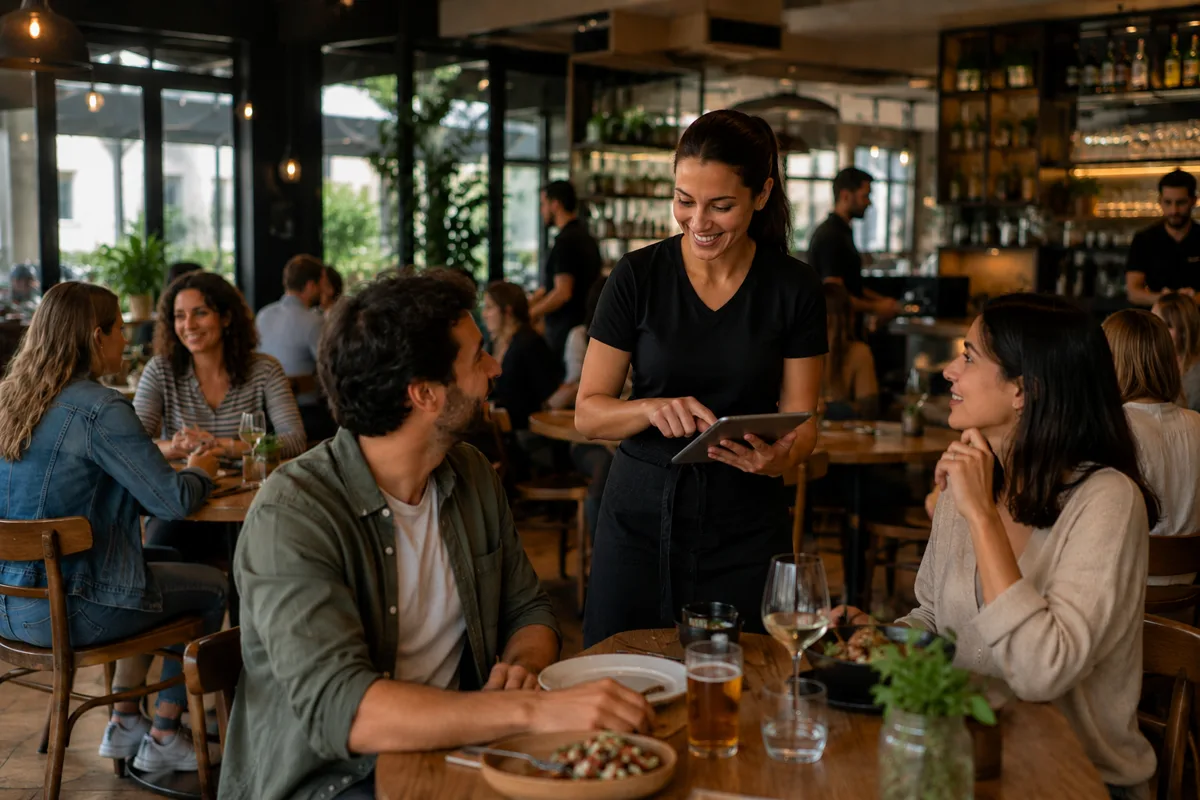 Camarera atendiendo con tablet a una pareja en la sala de un restaurante lleno